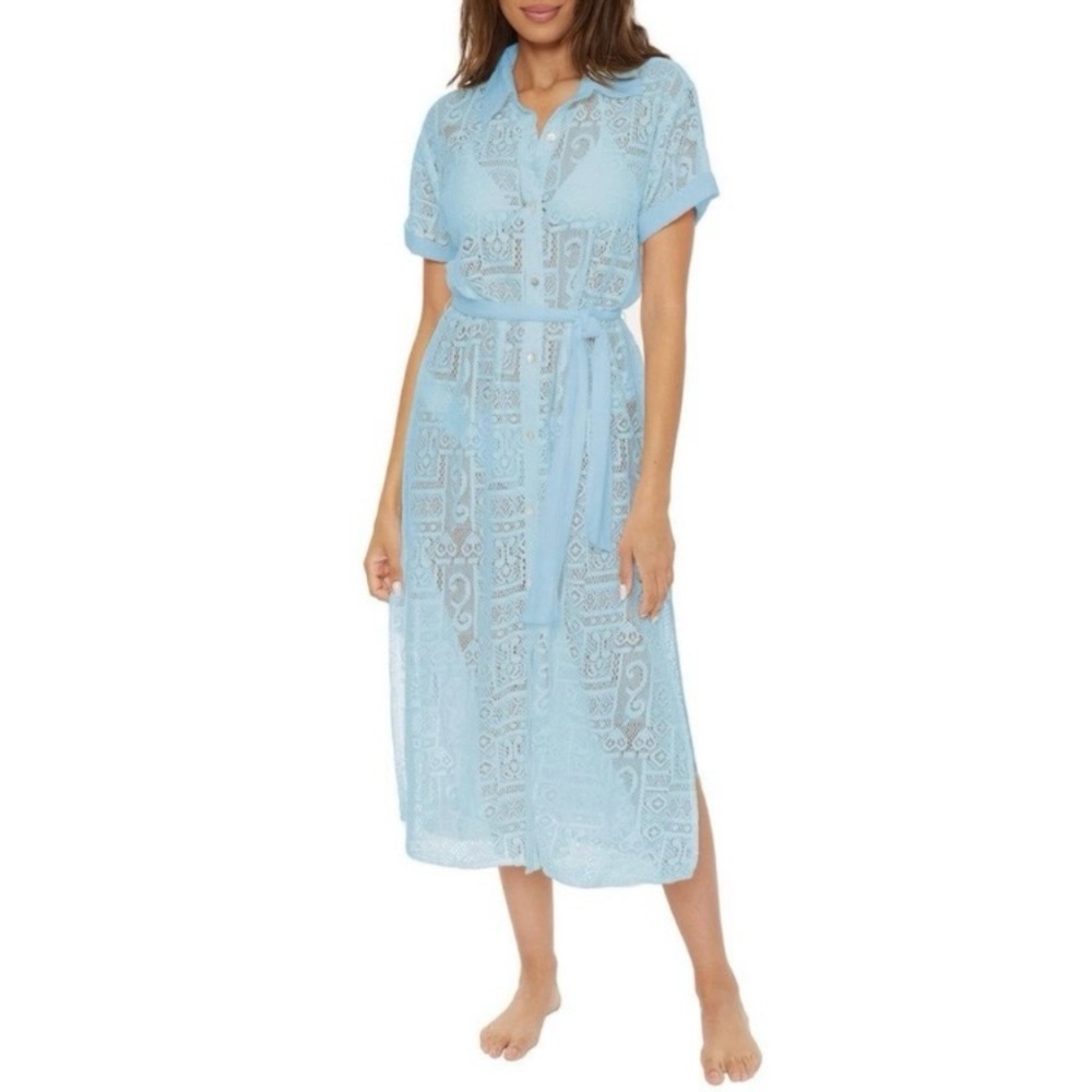 BECCA Gauzy Dress Blue Lace Collared Button-up Beach Cover Dress New With Tags
